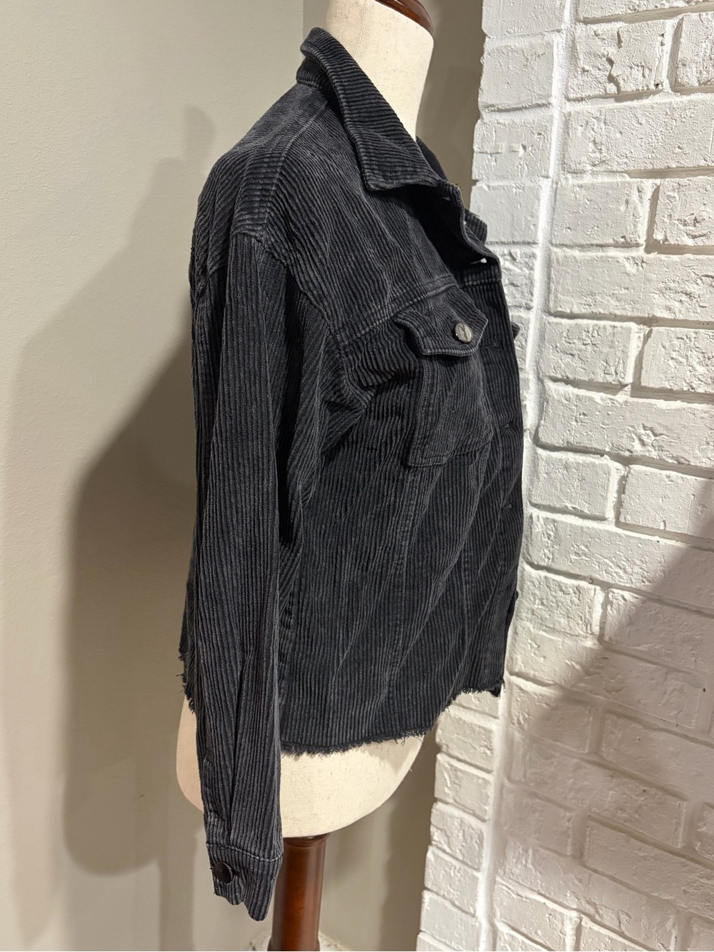 Pink Lily Corduroy Crop Button-Up Jacket - Charcoal Gray - Picture 2 of 6